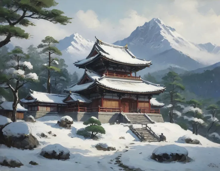 a Japanese temple hidden in a forest on a snowy hill, 4k, UHD, masterpiece