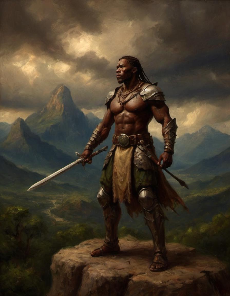 A man with a sword standing on a rock in the mountains - SeaArt AI