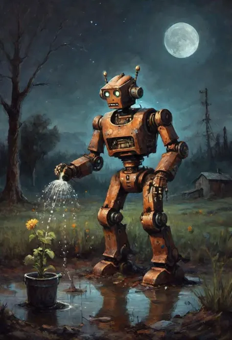 Fantasy painting of a rusty old robot watering the last plant on earth, night scene