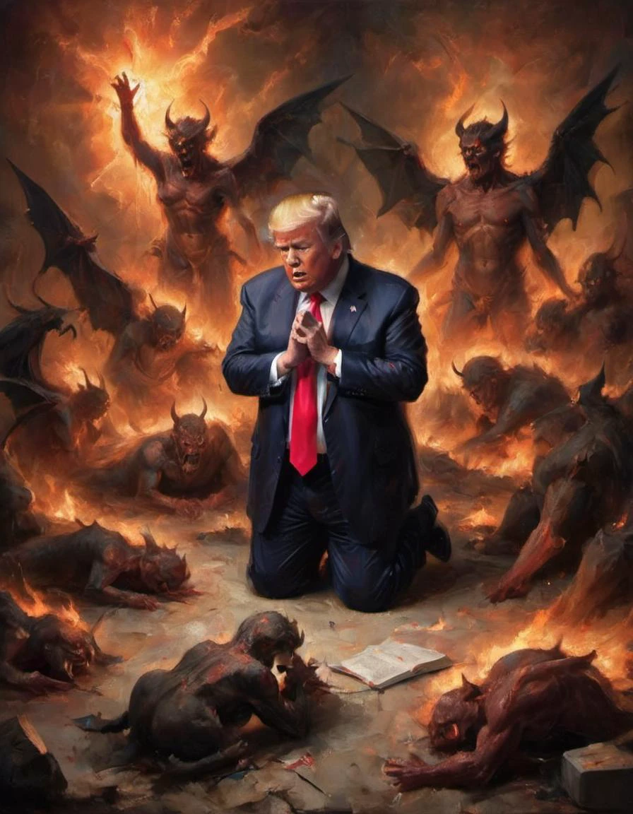 Trump praying, surrounded by demons <lora:- SDXL - letitbrn_let_it_burn_V1.0:1> letitbrn