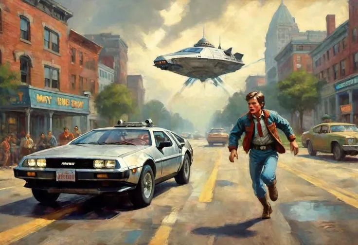 ASCIICinematic shot, detailed, Painting, illustration, adventure book,Marty mcfly running in front, (delorean car), dystopian world,1950, space ship saucer, invading city, N.C. Wyeth Style page