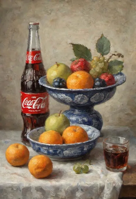 traditional dutch still life depicting patterned dish with fruits and coca cola