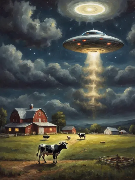 Oil painting of a UFO abducting a cow from a farm at night