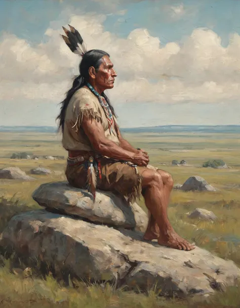 painting of a native american sitting on a rock and looking over a prairie