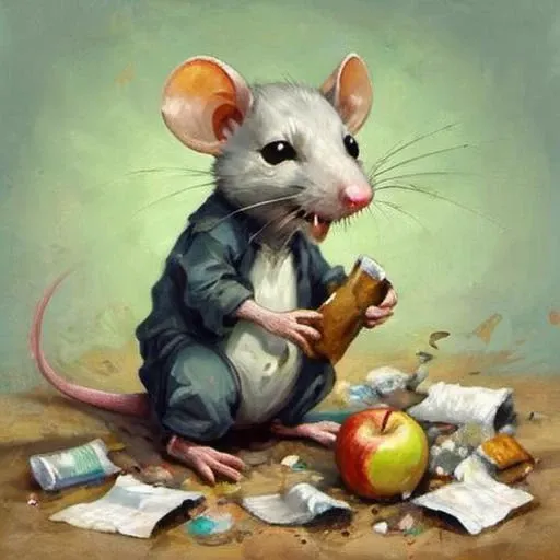 anthropomorphic rat, digging through trash, rubbish, landfill, scrap, apple core,