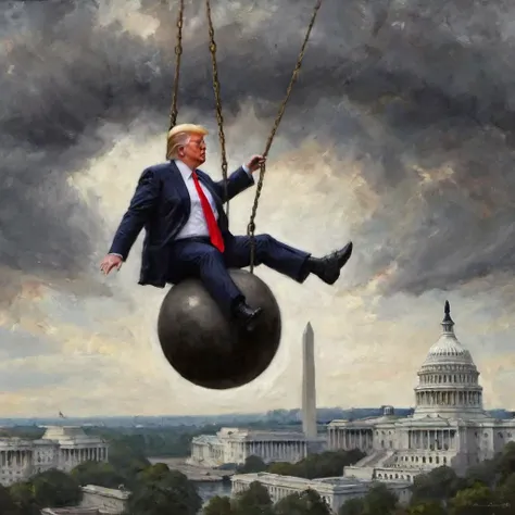 Donald Trump riding a wrecking ball toward Capitol Hill.