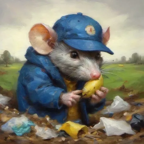 anthropomorphic rat, digging through trash, rubbish, landfill, scrap, jacket, golf hat, banana peel, eaten apple, painting