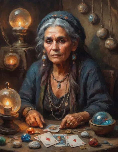 portrait painting of an older handsome gypsy woman sits behind a table strewn with scrying devices a glowing crystal ball and tarot cards and stones tied with wire fortune-teller gypsy in her tent varied hangings