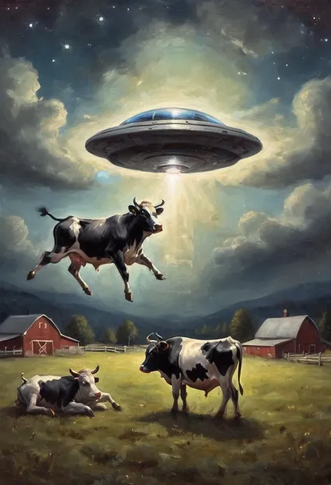 Oil painting of a UFO abducting a cow, cow floating in air, from a farm at night