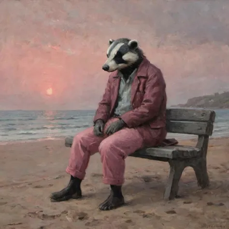Badger man, sitting on a bench, beach at dawn, pink pants and shirt, nostalgic sad atmosphere