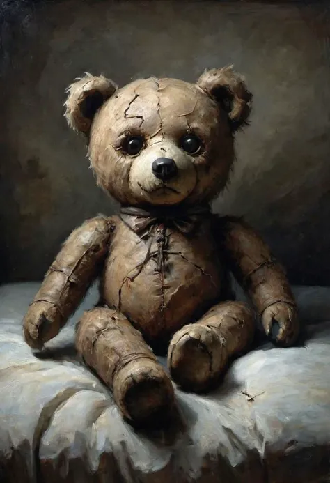 A mummified, Creepy Teddy Bear with empty eye sockets, in a dark, dimly lit bedroom.