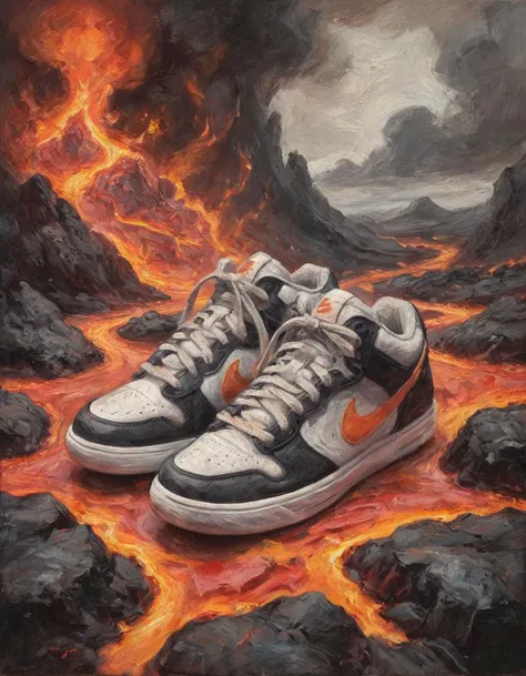 painting of a pair of sneakers in a flow of lava