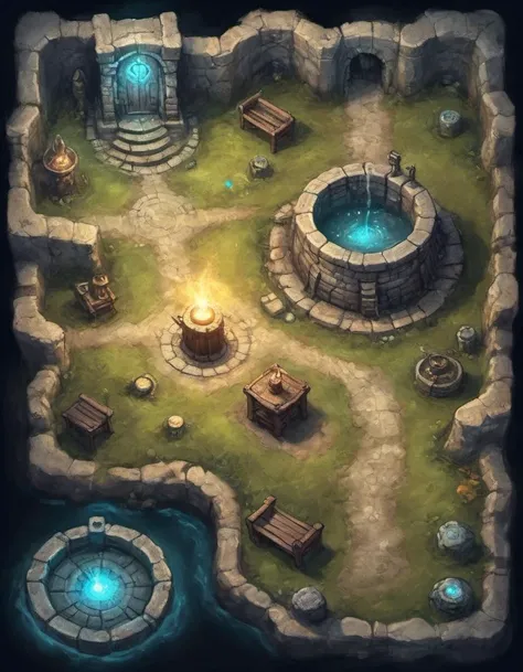 top down view of an rpg battlemap around a well and bench expert cartography D&D fantasy horror creature magical glowing light dust and lights