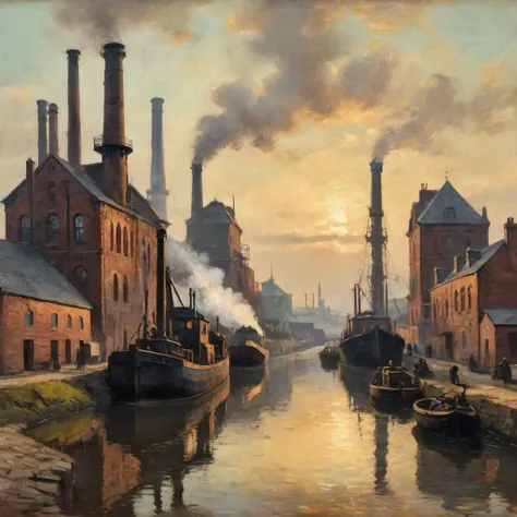 (Masterpiece, Best Quality), intricate details, high quality texturex, high quality shades and reflections, an industrial landscape with blast furnaces and a shipping canal, early 19th century, peaky blinders, <lora:more_details:1>