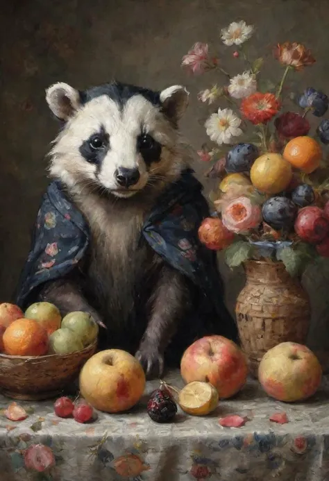traditional dutch still life depicting patterned dark somber cloth with fruits and flower petals and badger head , hd