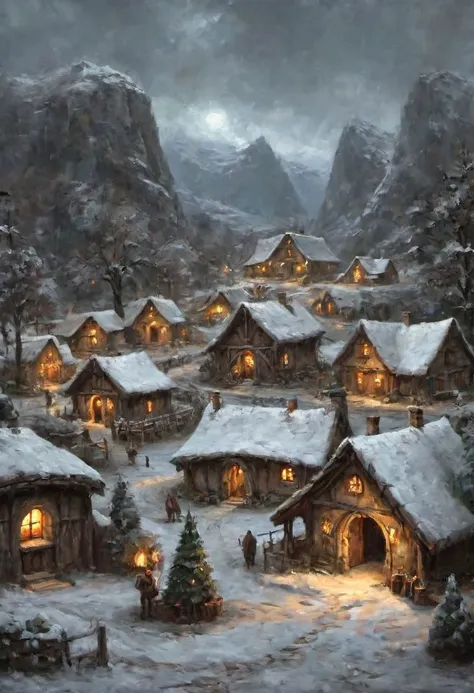 fantasy neolithic viilage, hobbits settlement, Christmas atmosphere