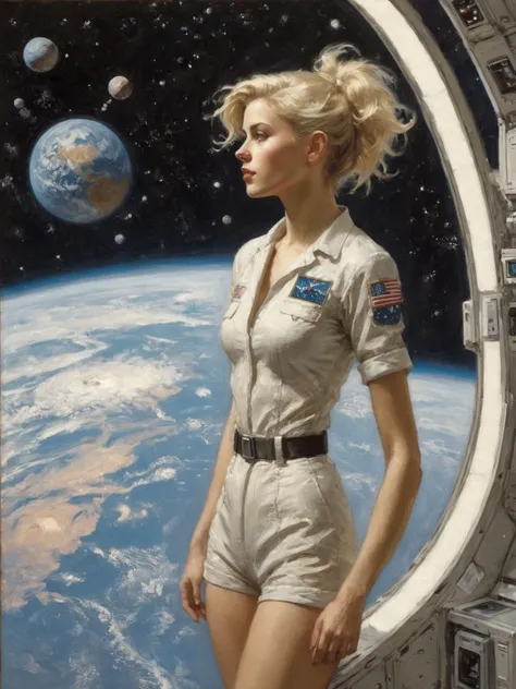 Full body shot, profile view of a blonde, floating weightless, space station. She is wearing short shorts, and looking outside towards earth. She is melancholic, and is thinking of her family back on earth. Art by J.C. Leyendecker