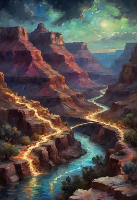 Fantasy painting of the Grand Canyon with a canal made of colorful tiles running through it. Night scene.