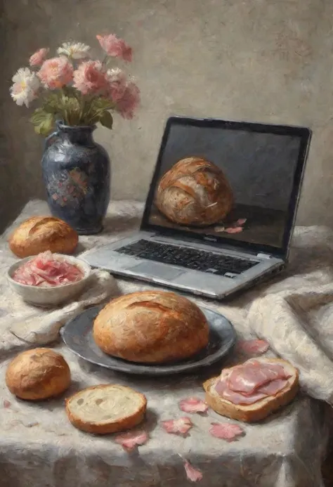 traditional dutch still life depicting patterned somber cloth with bread , ham and small flower petals and open laptop , hd