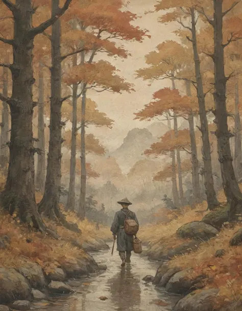 painting of a man travelling through a forest in autumn, close-up, by Hiroshi Yoshida