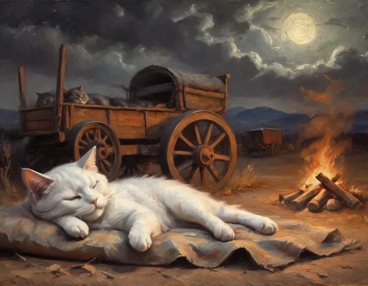 Oil painting. sleeping cat, napping under a blanket, eyes closed, night scene, beside a bonfire and an abandoned wagon, old west, painting