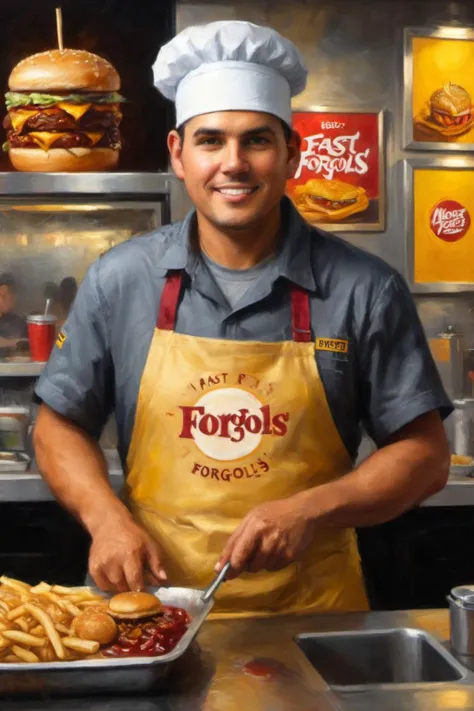 a masterful painting of a fast food restaurant employee wearing an apron and visor, gold grey maroon and black theme colors masterpiece, the apron boldly says ("Fast Forgols":1.3), "Fast Forgols" text, 8k, award winning, high quality, best quality, cinematic, extremely detailed, intense lighting, epic, <lora:xl_more_art-full_v1:0.6>