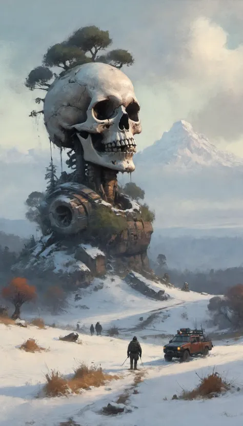 concept art, (art by Ismail Inceoglu:1.4), skull island in the snow