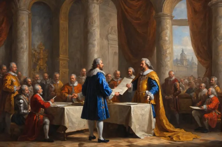 Baroque Oil Painting, royal palace, king , noble man crowding the king presenting him a treaty document paper for peace, tension in the room,