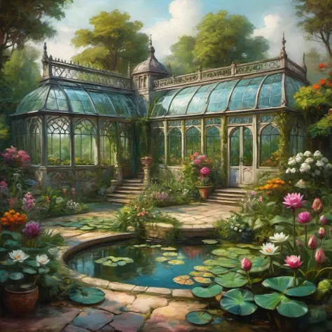 (Masterpiece, Best Quality), intricate details, high quality textures, vivid textures, an overgrown conservatory in a medieval fantasy monastery, exotic plants, wild greenery, numerous colorful flowers, glass house, pond, water lilies, oppressively hot atmosphere, fantasy setting, <lora:more_details:1>