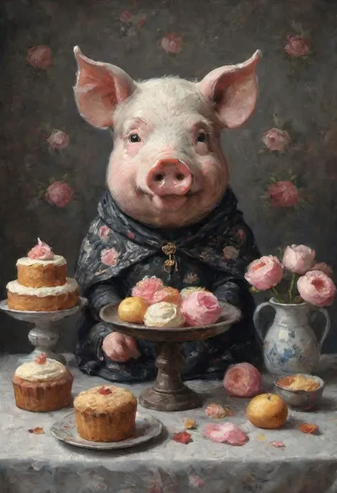 traditional dutch still life depicting patterned dark somber cloth with oranges and flower petals and  pig head
