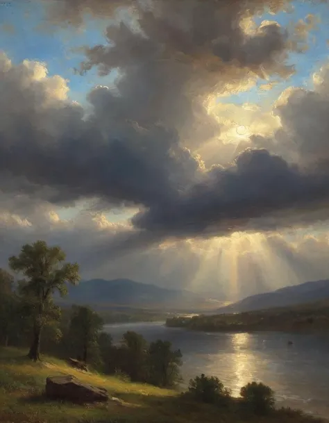 Hudson Valley River painting by Albert Bierstadt romantic lighting dramatic sky with blue and storm clouds and sun rays