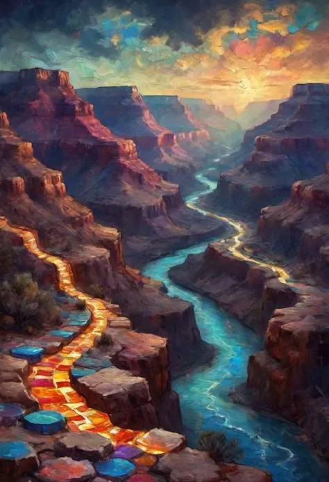 Fantasy painting of the Grand Canyon with a canal made of colorful tiles running through it. Night scene.