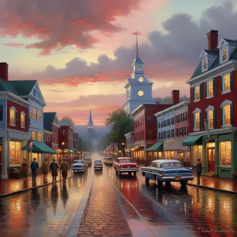 (masterpiece, best quality), main street USA at evening-time, new england town, Thomas Kinkade, light reflections on the rainy street, 1960s, smalltown main street, vibrant colors, very atmospheric, intriguing details, romantic, ((evening)), (intricate details), very high textures, (ambient red sky), good old times, cozy town, (cobblestone streets)