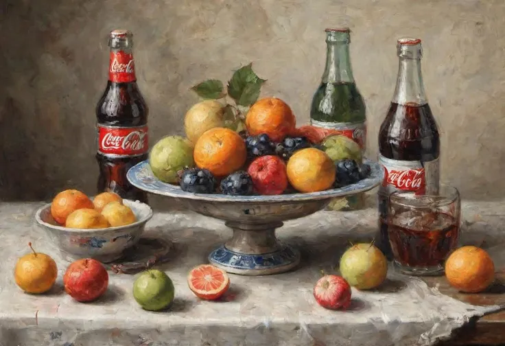 traditional dutch still life depicting patterned dish with fruits and coca cola