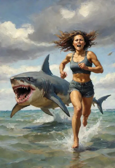A woman chased by a land shark with legs