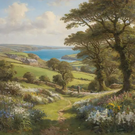 (Masterpiece, Best Quality), intricate details, the awakening of spring in cornwall country side around 1815, the sea in the background, by geoff hunt, <lora:more_details:1>