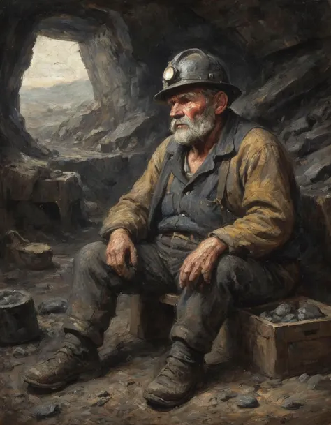 painting of an exhausted old miner resting in a coal mine