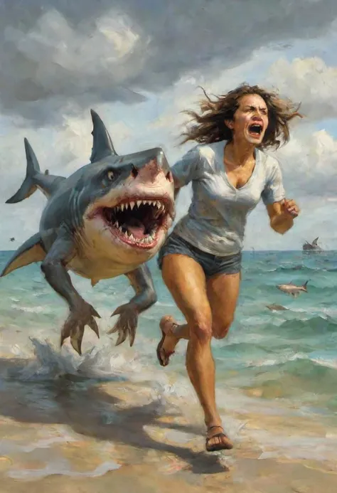 A woman chased by a land shark with legs