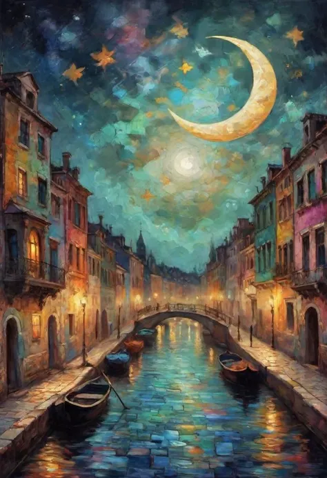Fantasy painting of a canal made of colorful tiles. Night scene with crescent moon.