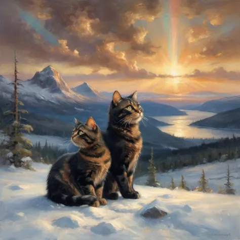 ((masterpiece, best quality)), hyper detailed, intricate details, 2 lightbrown/black furred cats, siblings, (black fur with light brown stripes), ((both cats have lighbrown/black striped fur)) sitting in the snow in lapland and watching the aurora borealis by night, ((no white fur)), Thomas Kinkade, catrace: tortoiseshell-cat