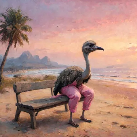 infamous Ostrich, sitting on a bench, beach at dawn, pink pants and shirt, nostalgic sad atmosphere