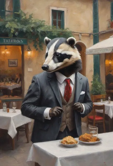 oil painting of a badger wearing a three piece suit emerging from an Italian restaurant