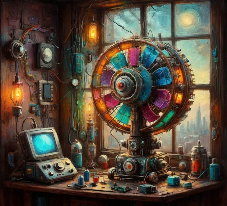 oil painting of a antique ral-elctrprts robotic fan, old apartment window, Psychedelic, neon Visionary art, DMT, LSD, Science Fiction, circuits, circuit, transistors, wires, trending on art station, <lora:ral-elctrprts:1> <lora:drkkaw-V2_epoch_5:0.4>,