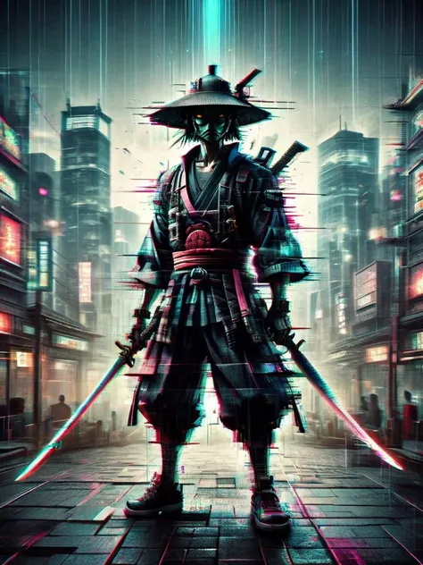Horror themed Anime style, samurai, wearing jingasa Japanese hat, full body, brandishing a sword, (dystopian cyberpunk Osaka city:1.5), Samurai Champloo Style, dramatic lighting, trending on art station, xslx, glitch style, flickering, drkkaw , digital art, digital composition, <lora:Glitch Style:0.7> <lora:xslx-rebel:0.2> <lora:drkkaw-V2_epoch_5:0.2>