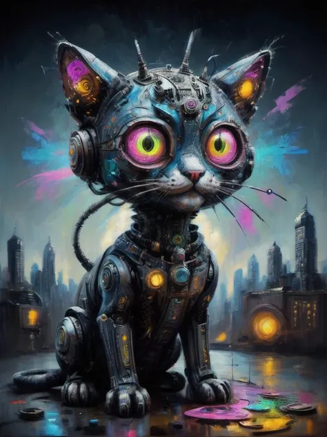 Oil Painting of a cybernetic cat made of robot parts, (cyberpunk city:1.5), dramatic lighting, Psychedelic, neon Visionary art, DMT, LSD, , Science Fiction, digital art, digital composition, <lora:Morph:1> <lora:drkkaw-V2_epoch_5:0.4>