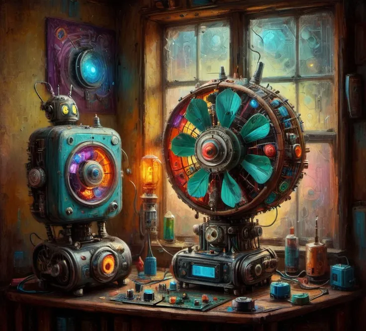 oil painting of a antique ral-elctrprts robotic fan, old apartment window, Psychedelic, neon Visionary art, DMT, LSD, Science Fiction, circuits, circuit, transistors, wires, trending on art station, <lora:ral-elctrprts:1> <lora:drkkaw-V2_epoch_5:0.5>,