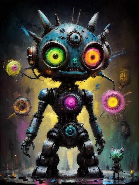 Oil Painting of a cybernetic cat made of robot parts, (cyberpunk city:1.5), dramatic lighting, Psychedelic, neon Visionary art, DMT, LSD, , Science Fiction, digital art, digital composition, <lora:Morph:1> <lora:drkkaw-V2_epoch_5:1>