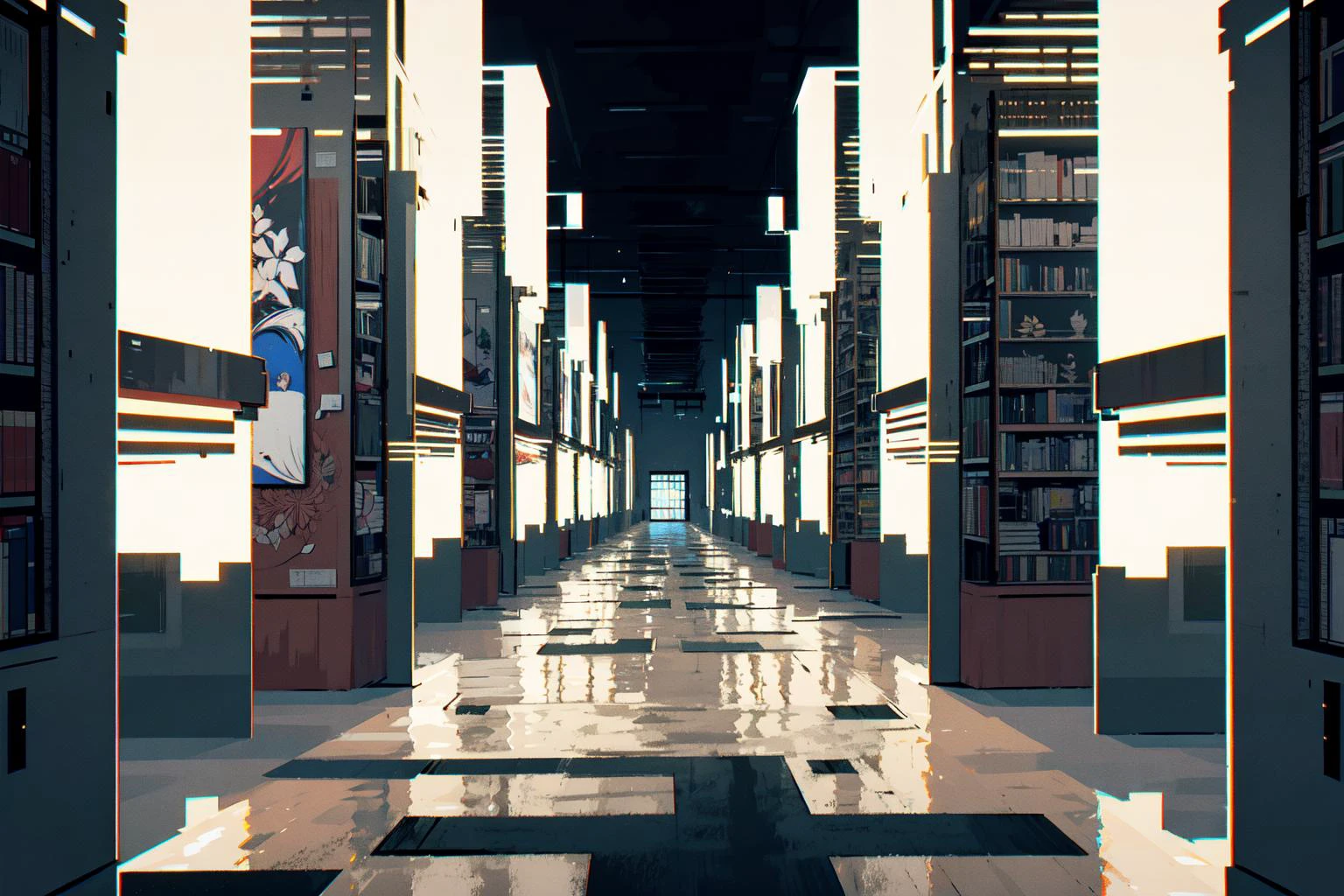 (vector, art, iIllustration,perfect detail,ultra high res,no text,optical illusion:1.45),Uniform and proportional, printmaking art,masterpiece,clean,landscape,simple color,abstract art,
library,building,(perfect symmetry:1.3),
black and white,
complex details,city art,lamp,(minimalist style:1.3), <lora:XSArchi_125:0.6> <lora:Glitching:0.9> glitching