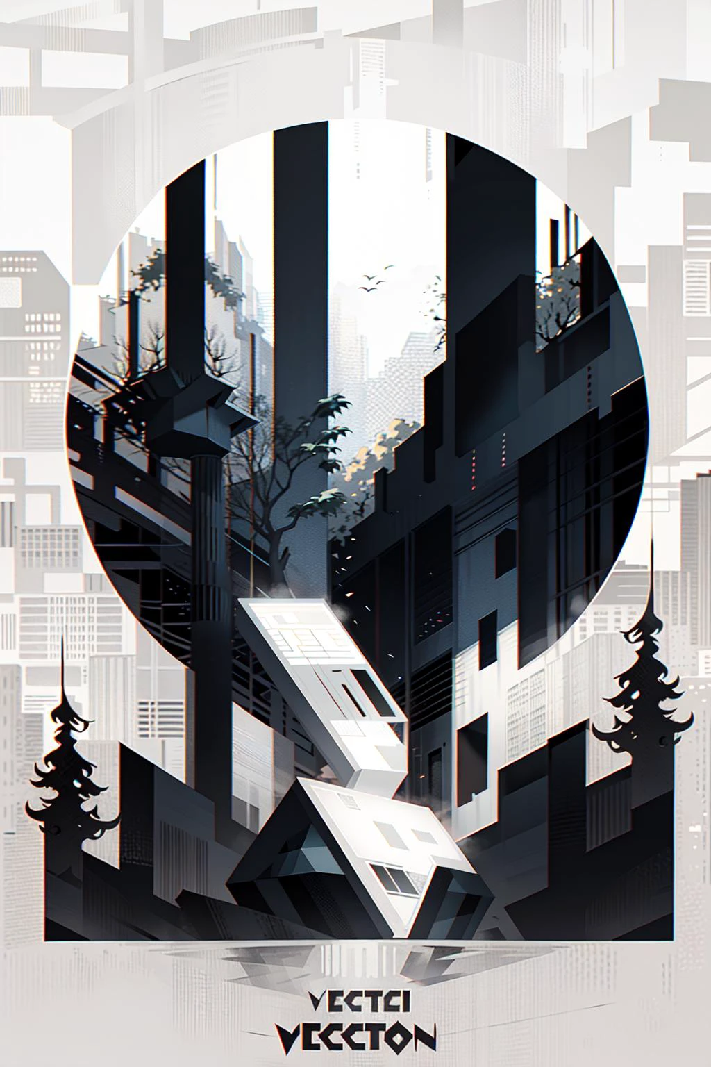 (vector art work iIllustration,perfect detail,ultra high res,:1.45), printmaking art,masterpiece,
building,landscape,behance,single color,abstract art,
black and white,
Item,complex details,symmetry art,trees,(minimalist style:1.3), <lora:XSArchi_125:1>