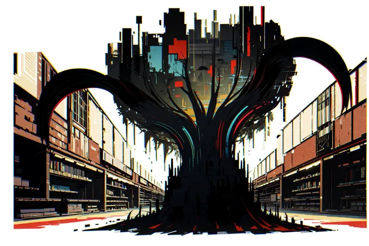 (vector, art, iIllustration,perfect detail,ultra high res,no text,:1.45), printmaking art,masterpiece,library,clean,
building,landscape,behance,single color,abstract art,
black and white,
Item,complex details,symmetry art,trees,(minimalist style:1.3), <lora:XSArchi_125:0.6> <lora:Glitching:1> glitching